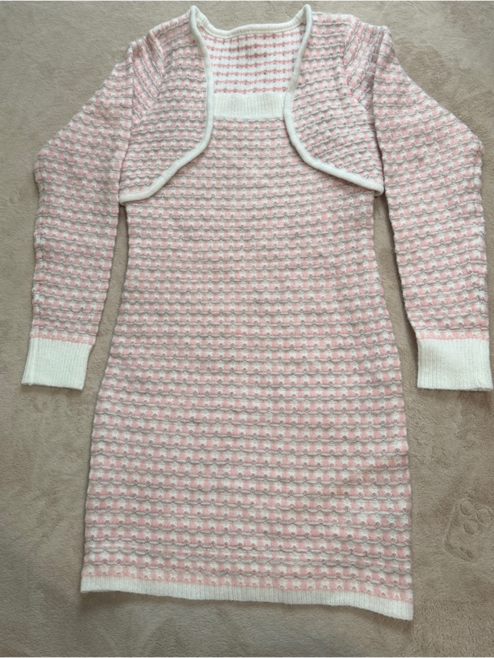 Pink and White Textured Knit Dress with Bolero Overlay